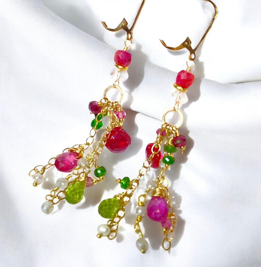 Gemstone Dangle Earrings - Pink Sapphire, Peridot, Ruby, Gold