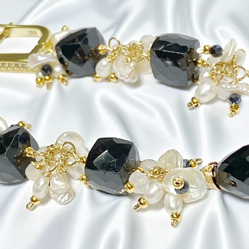 Black Spinel White Pearl Long Dangle Earrings