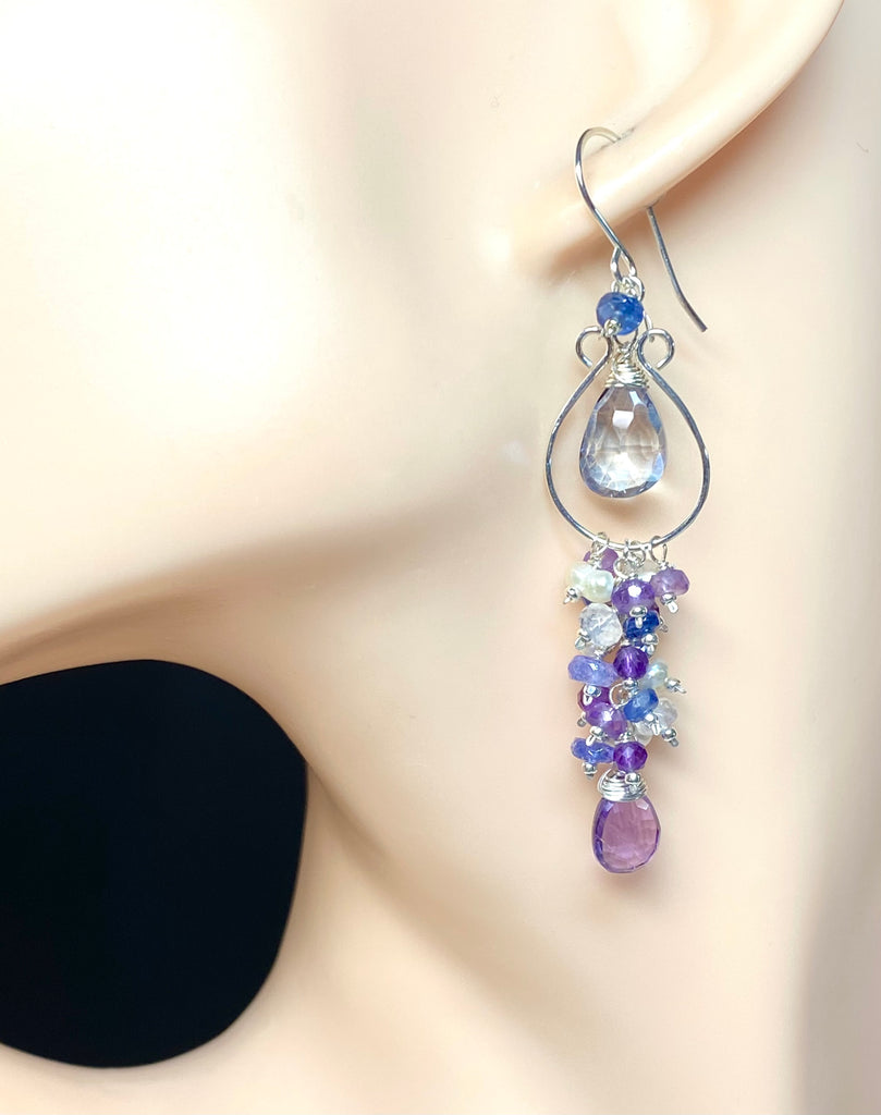 Blue Purple Gemstone Chandelier Hoop Earrings Sterling Silver — Tanzanite Amethyst Kyanite Moonstone - Doolittle
