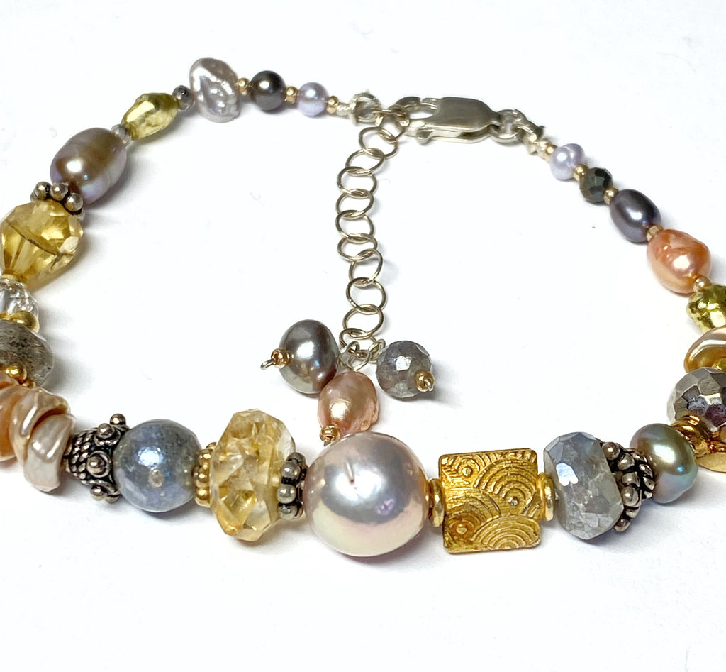 Citrine, Pearl, Labradorite Bracelet Gold and Silver, Mixed Metals