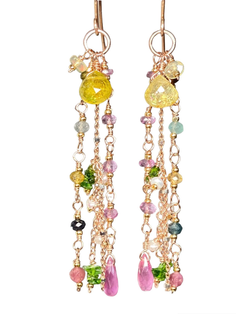 Canary Yellow Tourmaline Long Dangle Earrings Rose Gold Fill