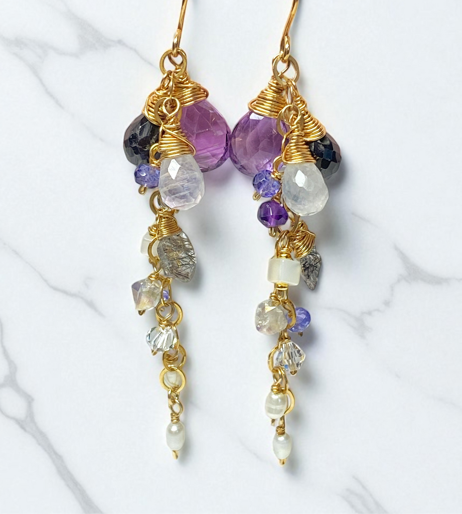 Amethyst Black Spinel Dangle Wire Wrap Moonstone Earrings 2