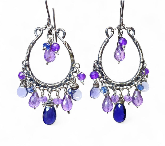 Blue Violet Oxidized Silver Hoop Chandelier Earrings Iolite, Lavender, Purple Amethyst