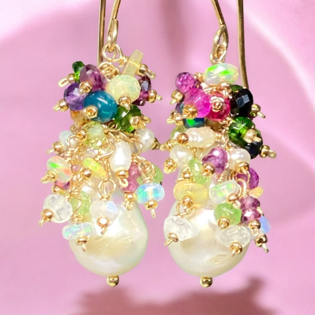 Opal Cluster Baroque Flameball Pearl Earrings Multi-color Gemstone 4