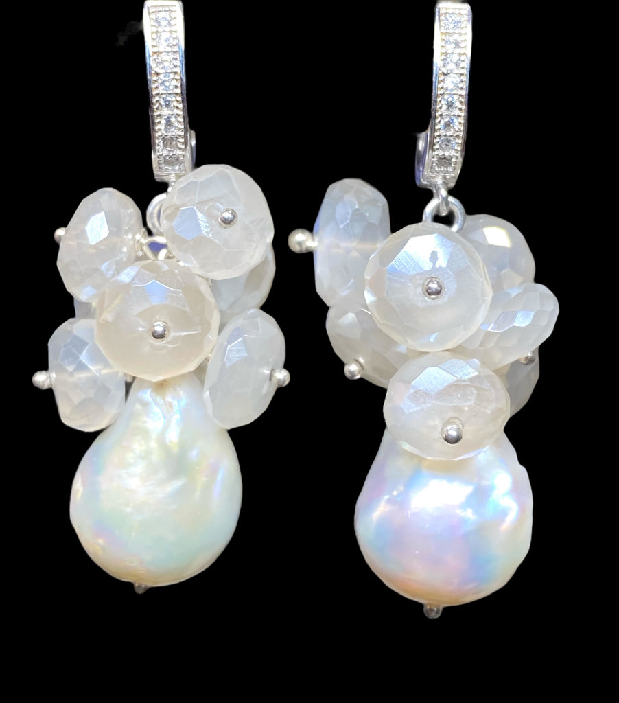 Baroque Pearl and Mystic Moonstone Sterling Silver Bridal Gemstone Cluster Earrings