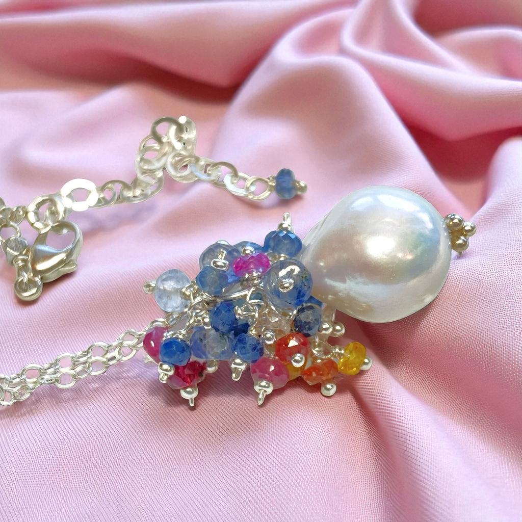 Sapphire and Opal Cascade Cluster Pearl Pendant, Sterling Silver