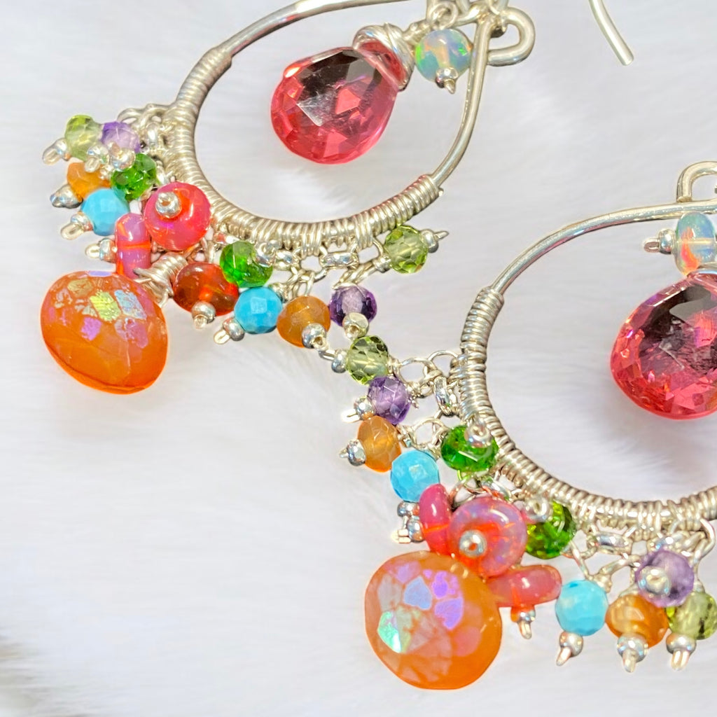 Pink, Orange, Multi Gemstone Sterling Silver Hoop Chandelier Earrings