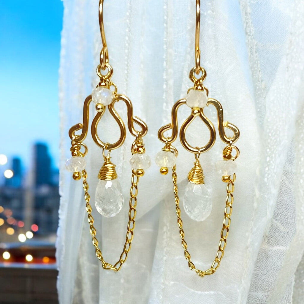 Rainbow Moonstone Petite Chandelier Earrings Gold Fill