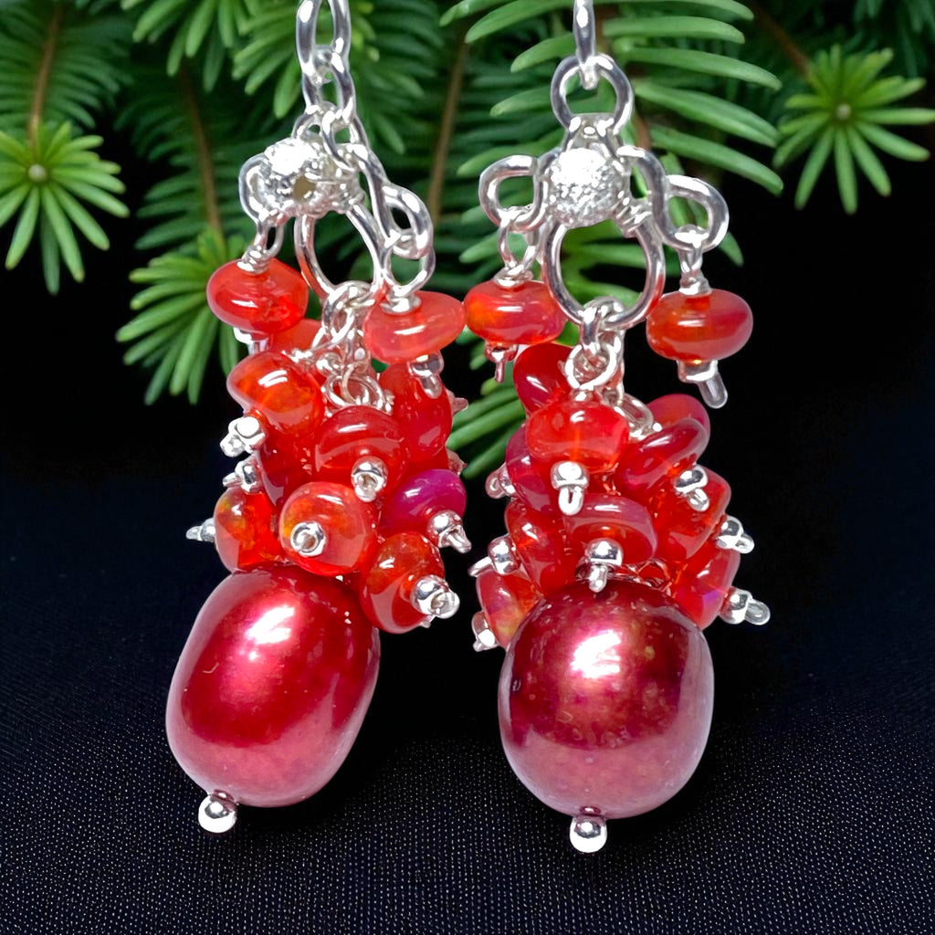 Red Pearl Opal Cluster Earrings in Sterling Silver