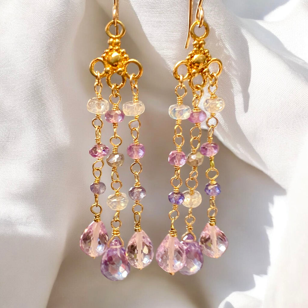 Blue Lavender Purple Gemstone Dangle Earrings, Tassel Style, Iolite, Amethyst, Moonstone, Gold Fill - Doolittle