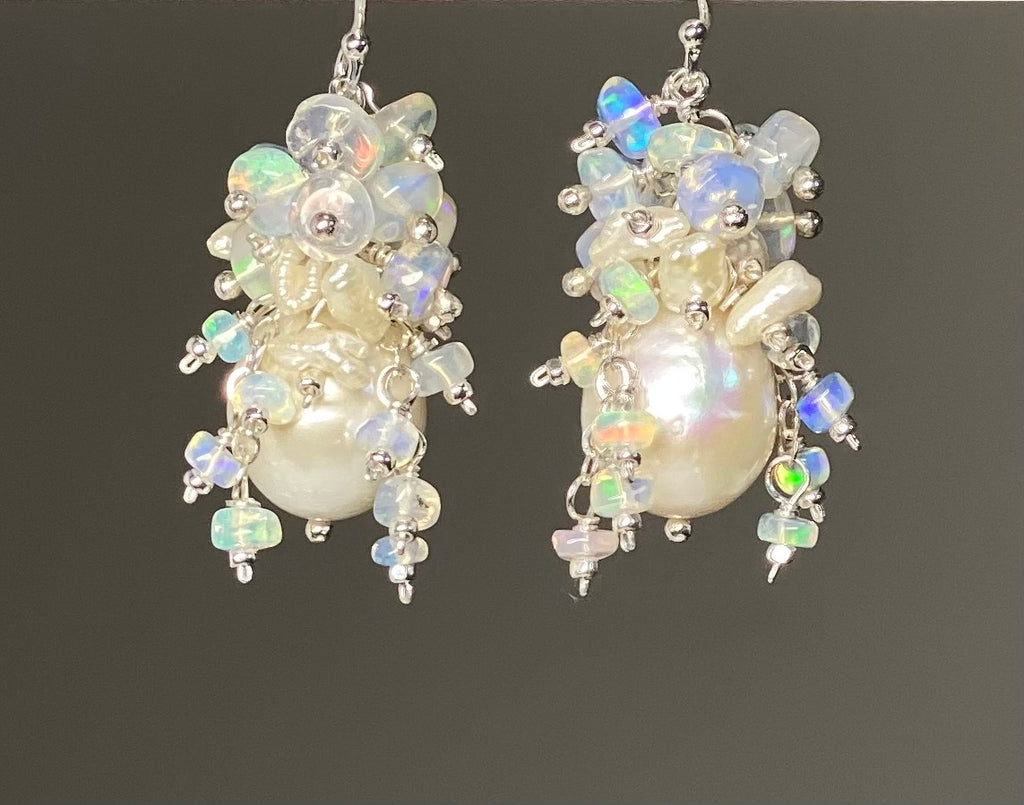 Pearl Ethiopian Opal Cluster Bridal Earrings Sterling Silver