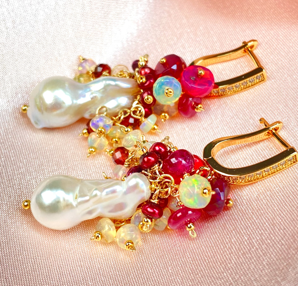 Baroque Pearl Earrings with Rubies, Red Opal and Fiery AAA Ethiopian Opals