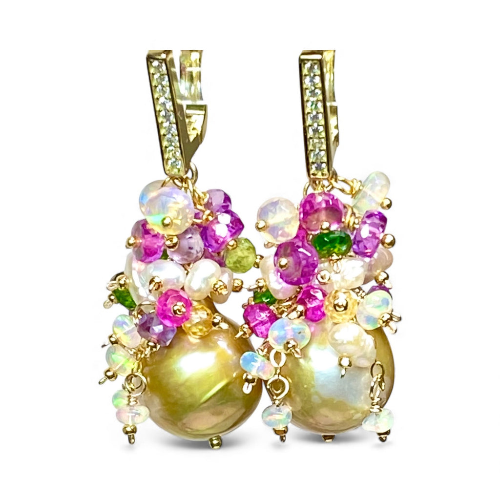 Pond-slime Baroque Pearl and Gemstone Cluster Earrings with Violet Sapphire