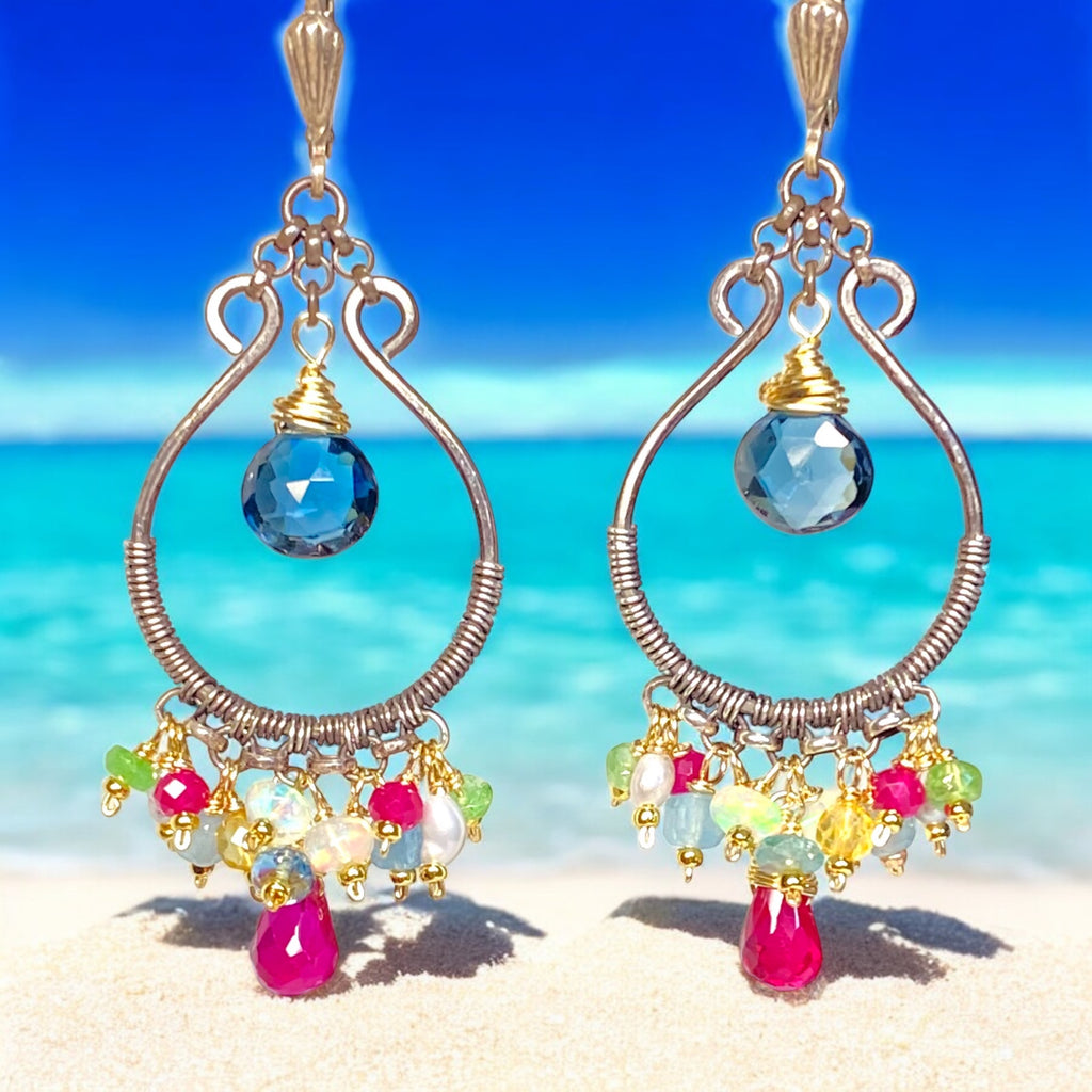 London Blue Topaz, Multi Gemstone, Oxidized Silver Hoop Chandelier Earrings