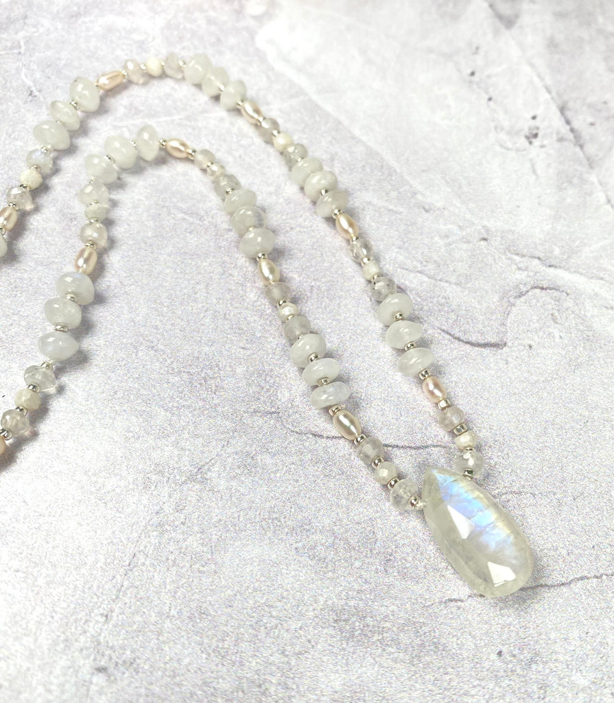 Moonstone, Pearl Pendant Necklace Sterling Silver