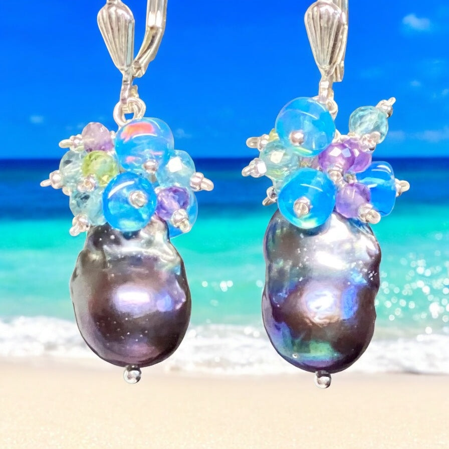 Baroque Peacock Pearl Cluster Earrings, Peridot, Amethyst, Opal, Sterling Silver