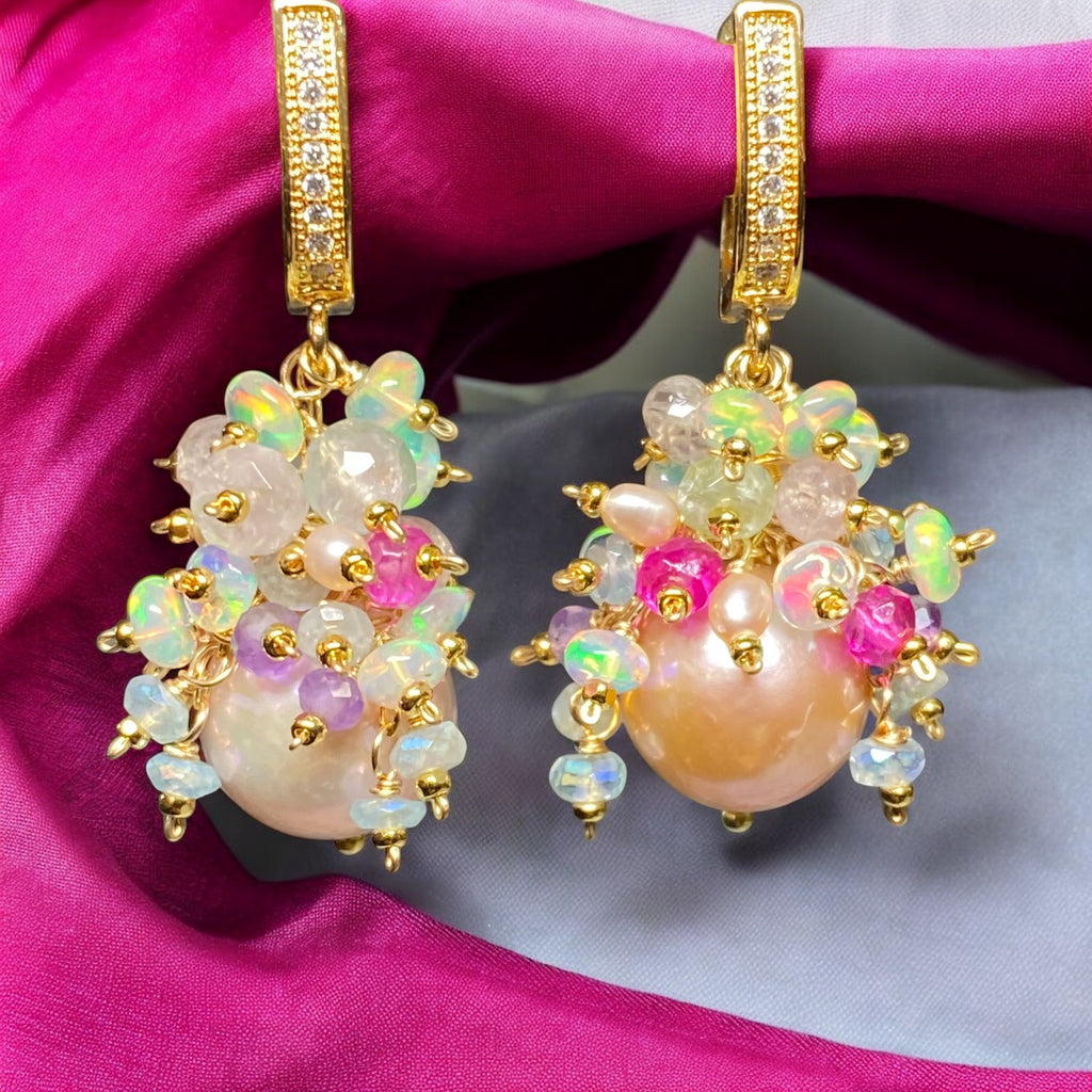 Pink Edison Pearl Opal Tourmaline Cluster Wedding Earrings Gold Fill - Bridal Jewelry - Doolittle