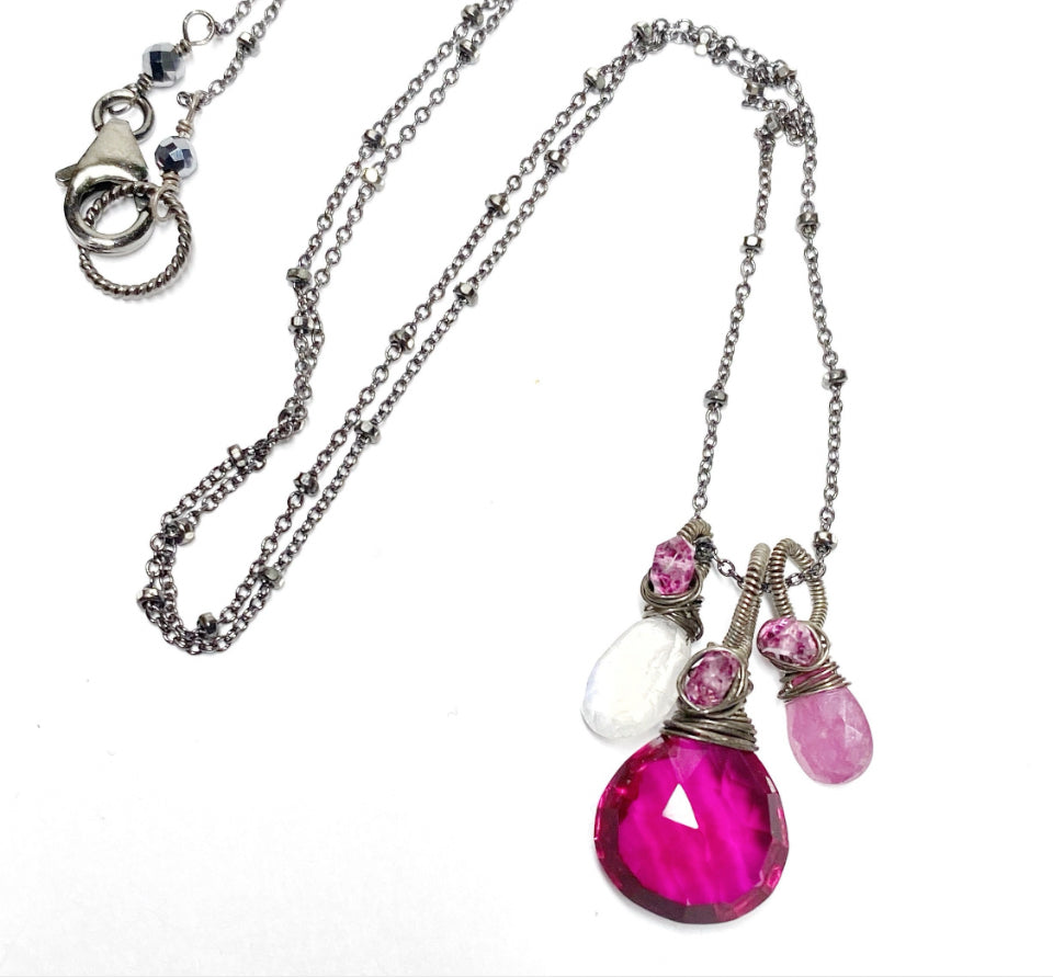Pink Sapphire, Moonstone, Multi Gemstone Pendant, Oxidized Silver