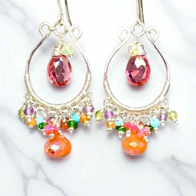 Pink, Orange, Multi Gemstone Sterling Silver Hoop Chandelier Earrings