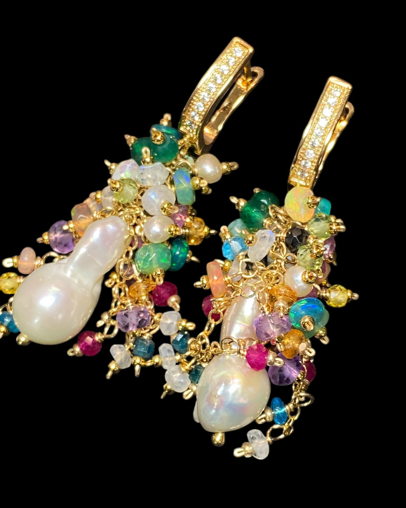 Baroque Flameball Earrings Multi Gemstone Cluster, Gold fill