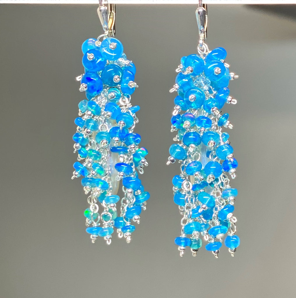 Blue Opal and Biwa Pearl Cluster Tassel Earrings Sterling Silver