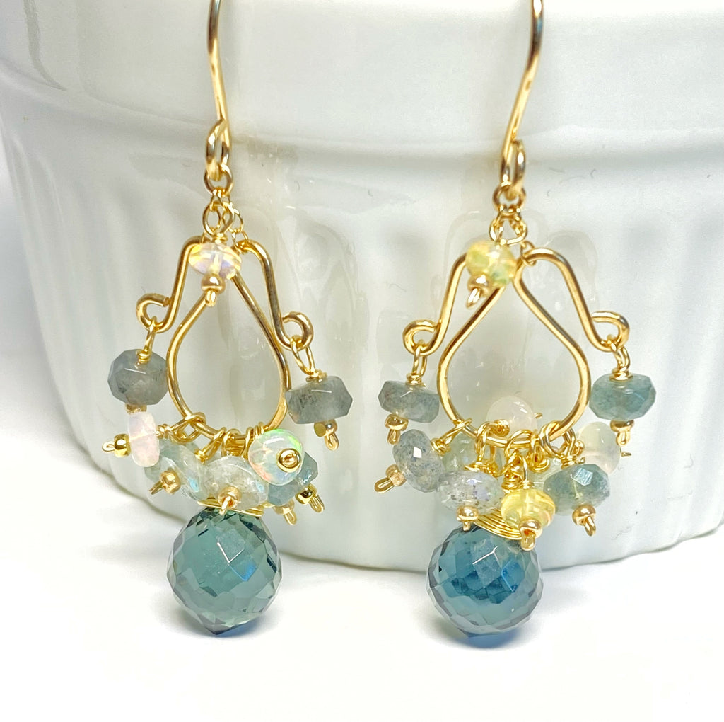 Opal and Aquamarine Chandelier Earrings, Gold Fill - Doolittle