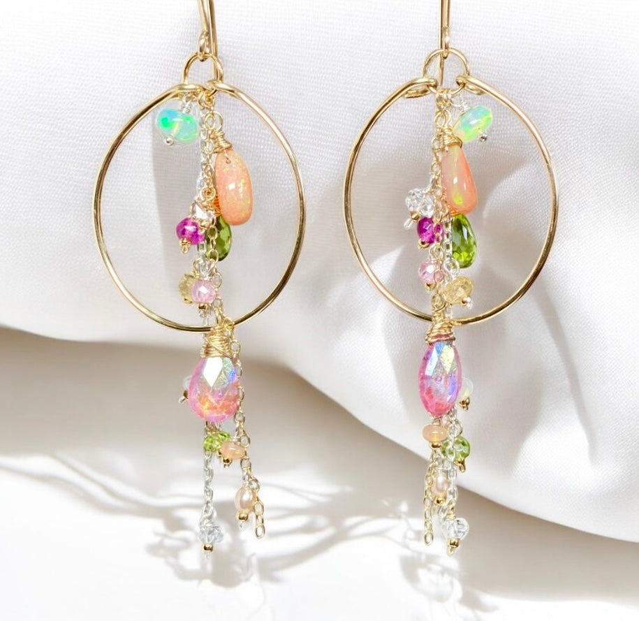 Gold Fill Hoop Earrings with Multi Gemstone Dangles, Opals, Peridot