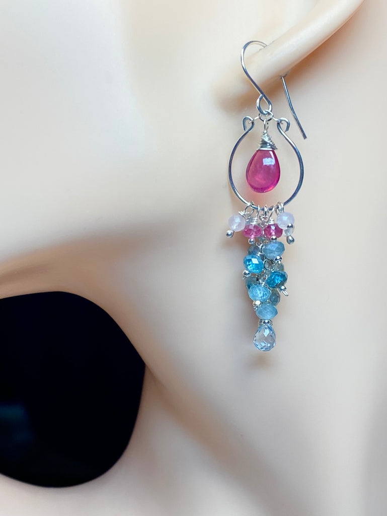 Blue Aquamarine, Natural Blue Zircon, Pink Sapphire Chandelier Hoop Earrings Sterling Silver - Doolittle