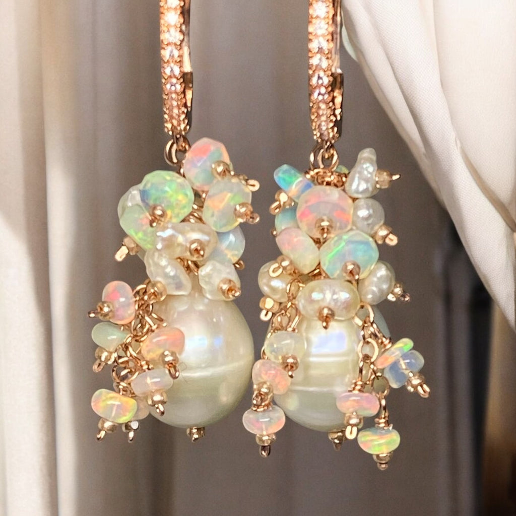 Pearl and Ethiopian Opal Cluster Earrings