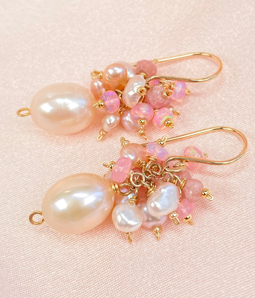 Pink Blush Pearl Pink Opal Cluster Earrings Gold Fill
