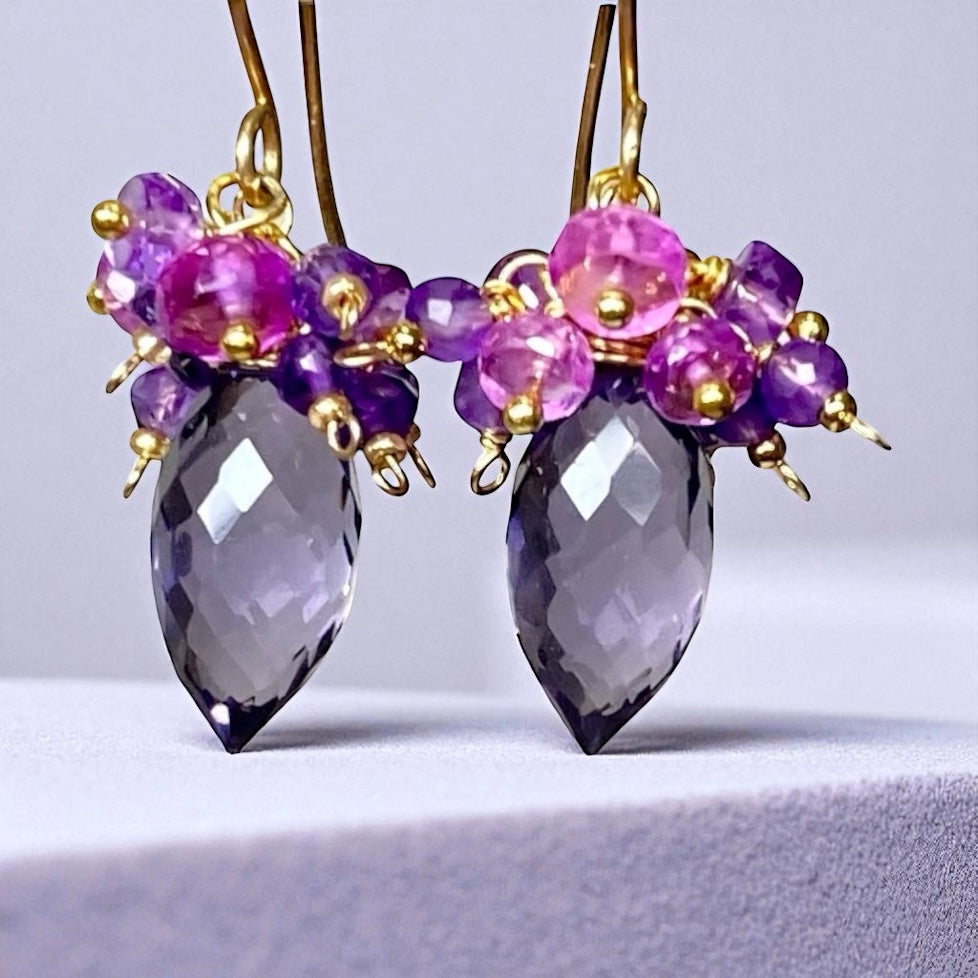 Amethyst, Violet Sapphire Cluster Earrings, Gold Fill