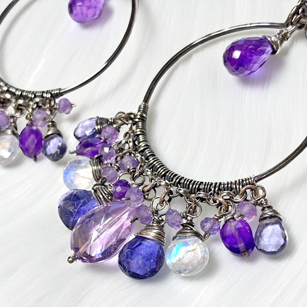 Blue Purple Gemstone Chandelier Hoop Earrings Oxidized Silver 3