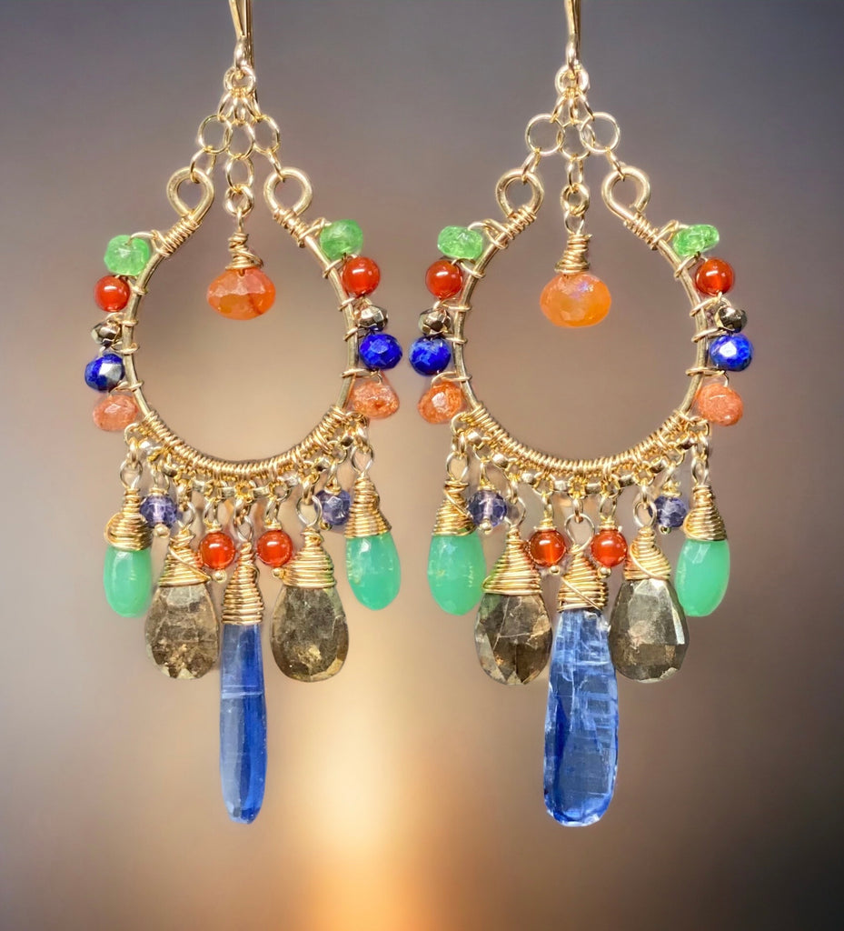 Colorful Chandelier Earrings Gold Fill Kyanite Carnelian Chrysoprase Lapis