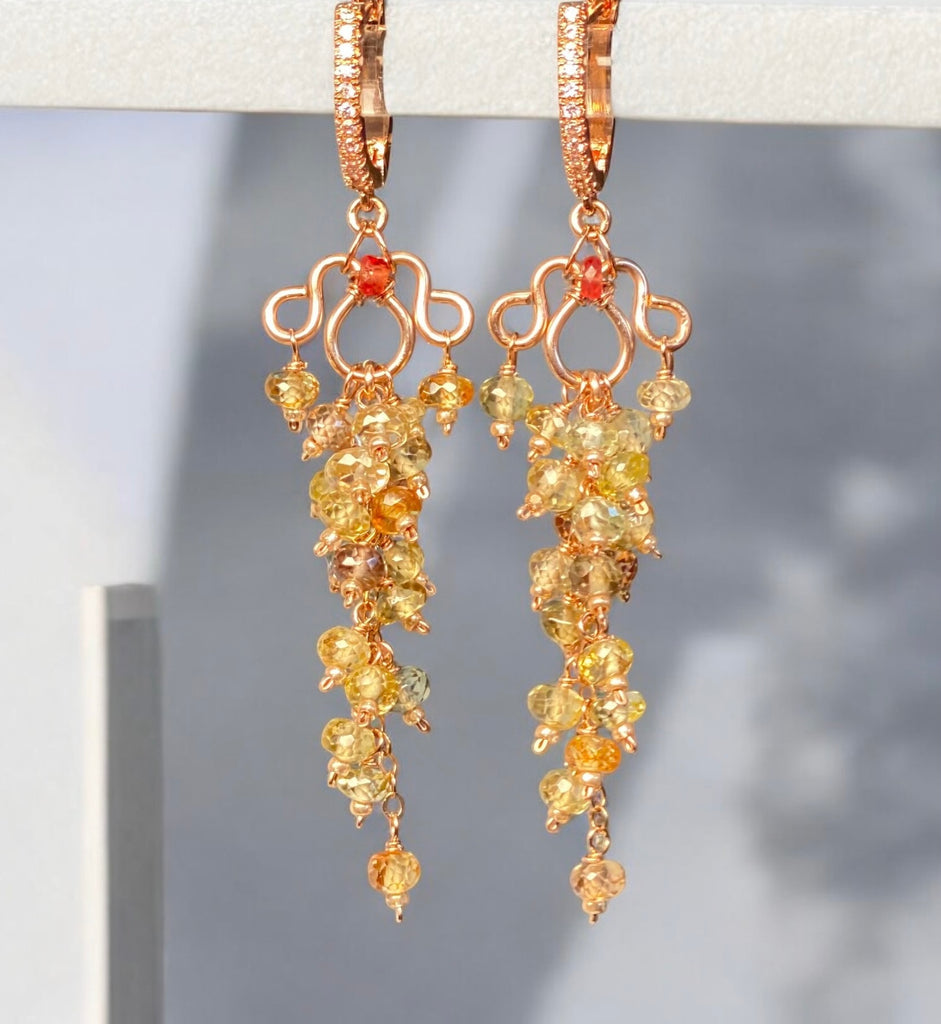 Natural Gemstone Zircon Cluster Dangle Earrings Rose Gold Fill