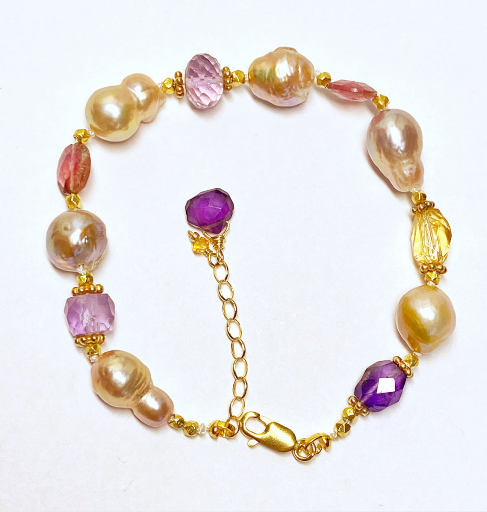 Baroque Pearl and Multi Gemstone Bracelet Gold Fill
