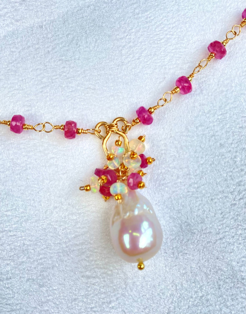 Pink Sapphire Gold Fill Wire Wrap Necklace Rosary Style Baroque Pearl Pendant