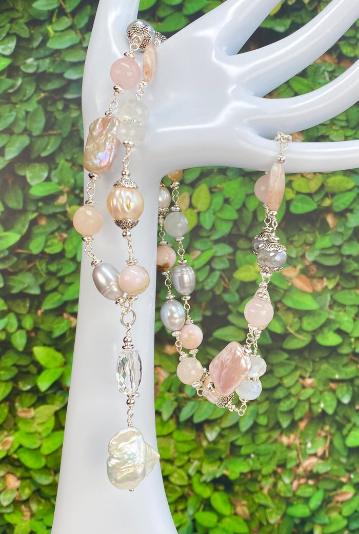 Blush Pink Baroque and Silver Pearl Long Sautoir Necklace — Rainbow and Grey Mystic Moonstone Rose Quartz