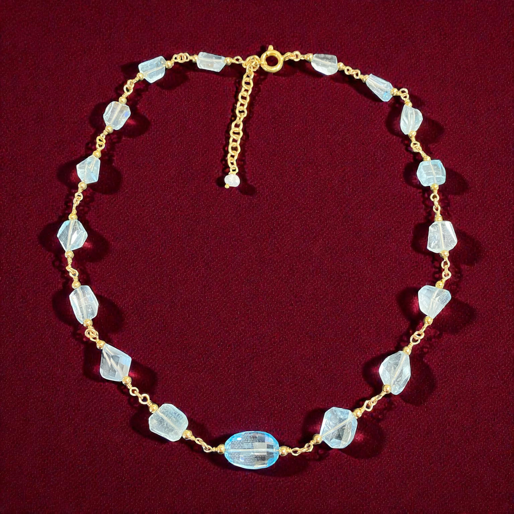 Blue Topaz and Aquamarine 14K Gold Fill Necklace Rosary Style Wire Wrap