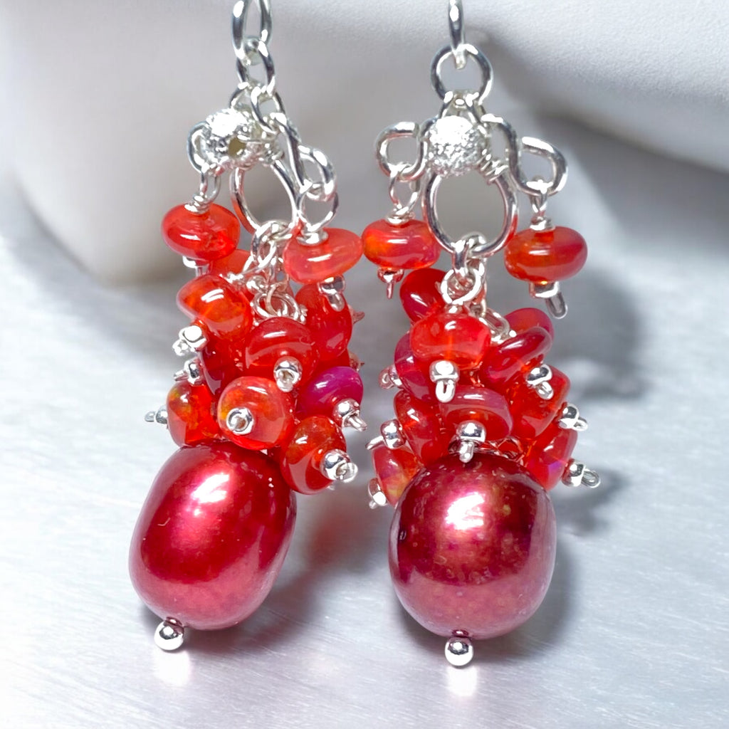 Red Pearl Opal Cluster Earrings in Sterling Silver