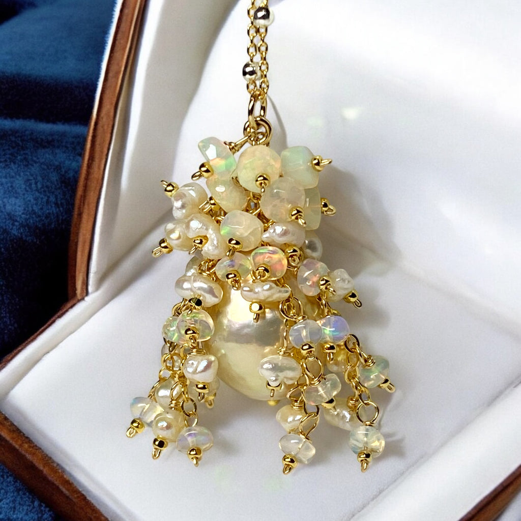 Golden Edison Baroque Pearl Opal Cluster Pendant in Gold Fill