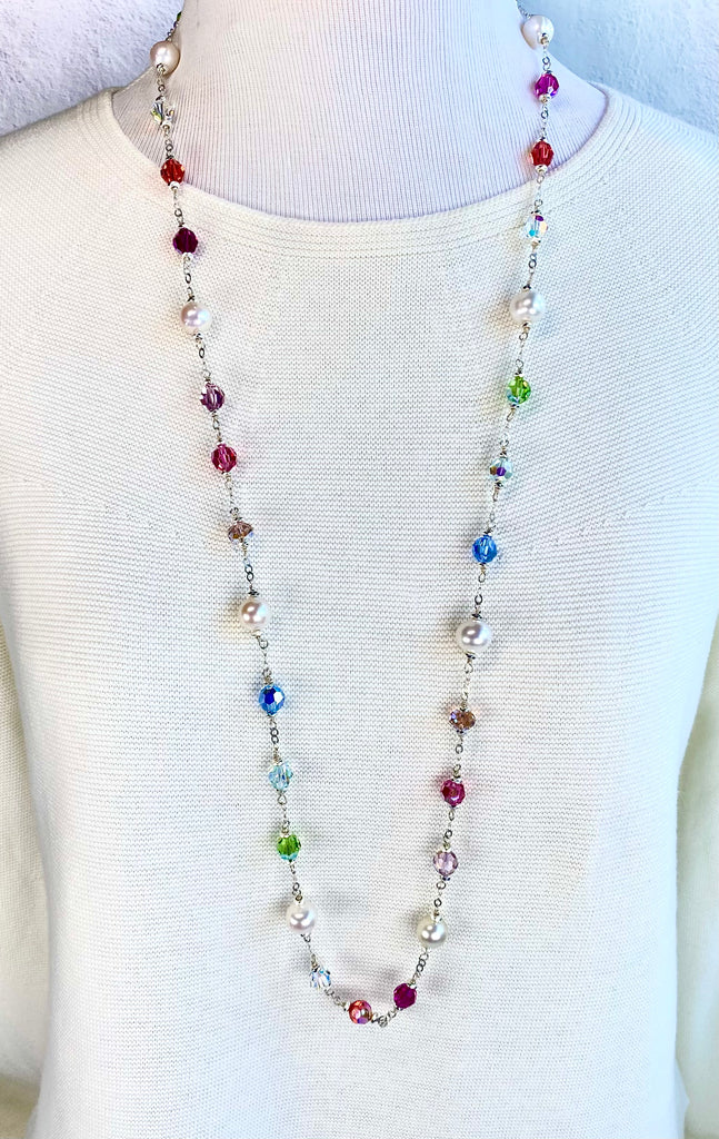Long Pearl and Austrian Crystal Sautoir Necklace Sterling Silver