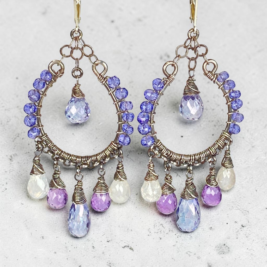 Blue Violet Gemstone Hoop Earrings — Moonstone & Amethyst, Oxidized Sterling Silver