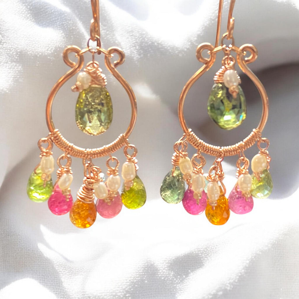 Multicolor Tourmaline Rose Gold Fill Hoop Chandelier Earrings
