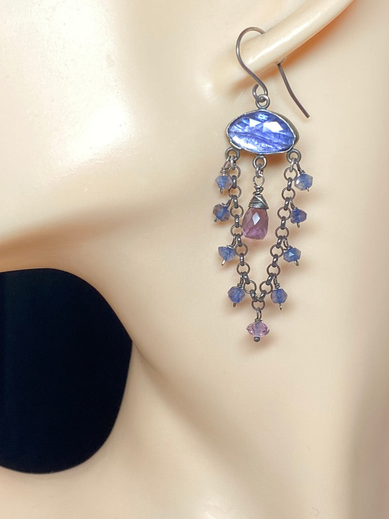 Iolite and Amethyst Chandelier Earrings Oxidized Silver — Violet Quartz Pink Amethyst - Doolittle