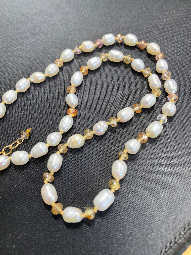 Pearl Necklace with Natural Zircon Gemstones, Silk Knotted, Gold Fill