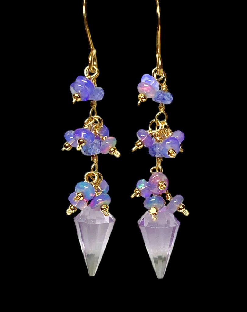 Amethyst Rose de France and Lavender Opal Dangle Earrings Gold Fill