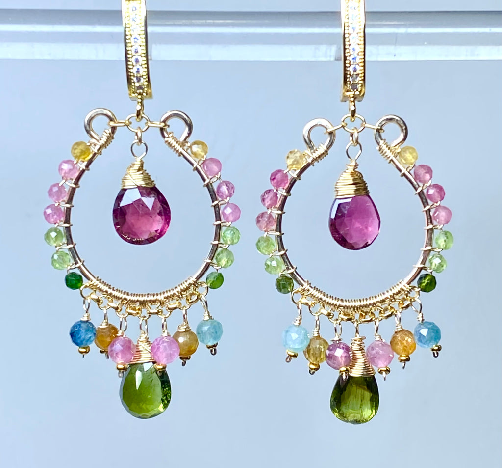 Multicolor tourmaline chandelier hoop earrings gold fill dangling on blue white background