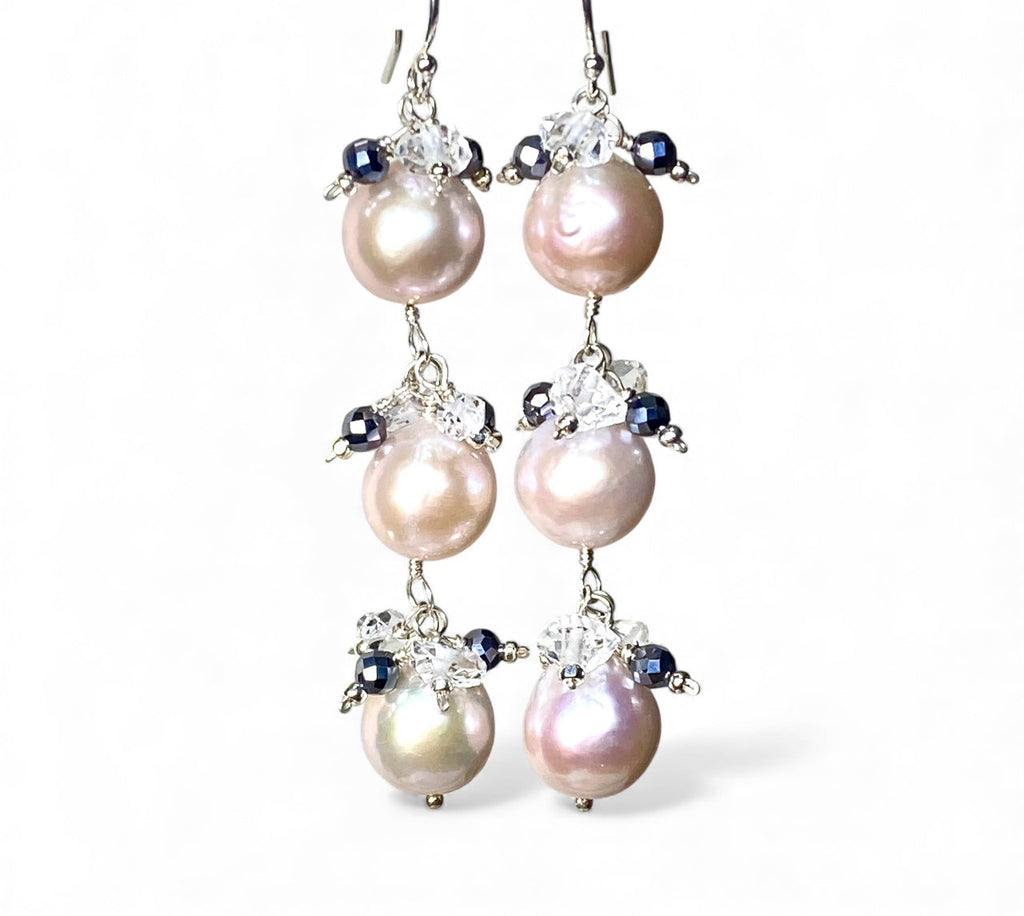 Long Blush Pearl Earrings with Sparkly Gems, Sterling Silver