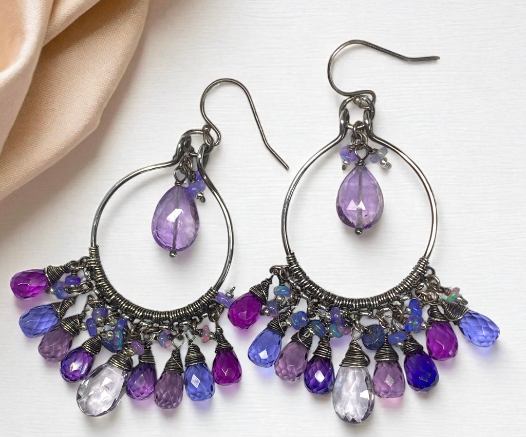 Blue Violet Gem Statement Chandelier Earrings in Oxidized Sterling Silver