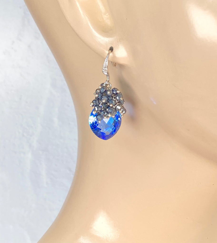 Blue Topaz and Black Spinel Cluster Earrings Sterling Silver